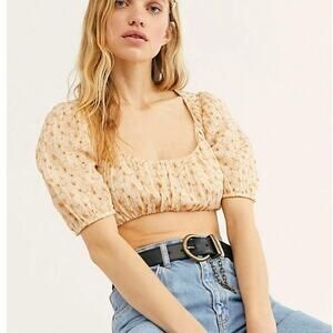 NWT Free People XL Baby Blue Eyelet Cami Nude/Natural Crop Puff Sleeves Eyelet